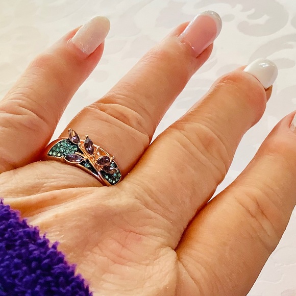 Rose Gold Ring 10 & Earrings, Amethyst leaves & Teal Zircon - Picture 3 of 12